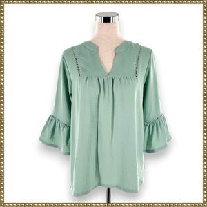 Adreamly Green Bell Sleeve V Neck Tunic Top Medium